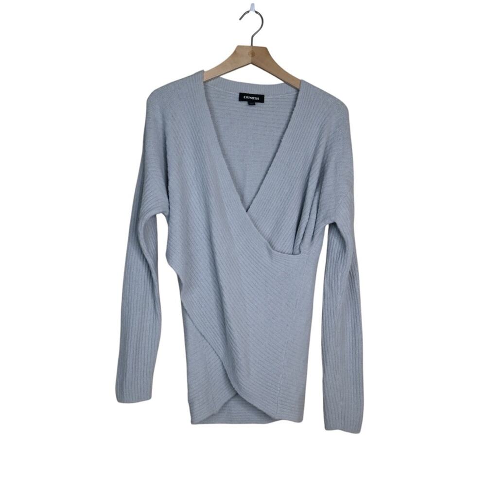 Express Women's S Cross Front Faux Wrap Ribbed Sweater in Light Gray